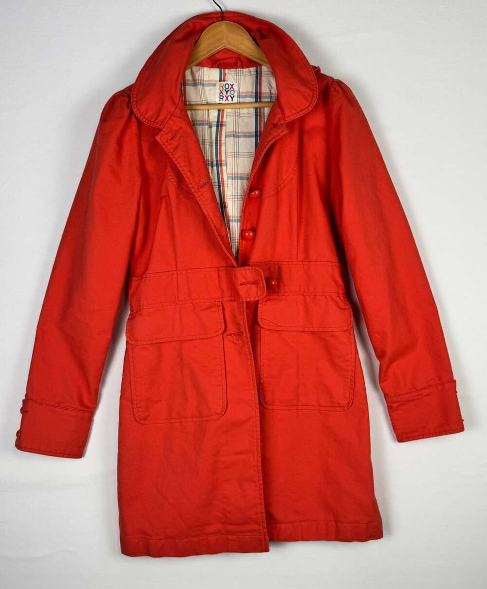 Roxy Hooded Trench Coat Size L Red Cotton Plaid Lined